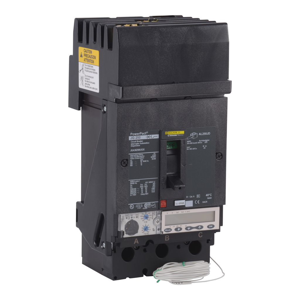 JGA36250U53X – Circuit breaker, PowerPacT J, 250A, 3 pole, 600VAC, 18kA, I-Line, Micrologic 5.2E, 80%, ABC