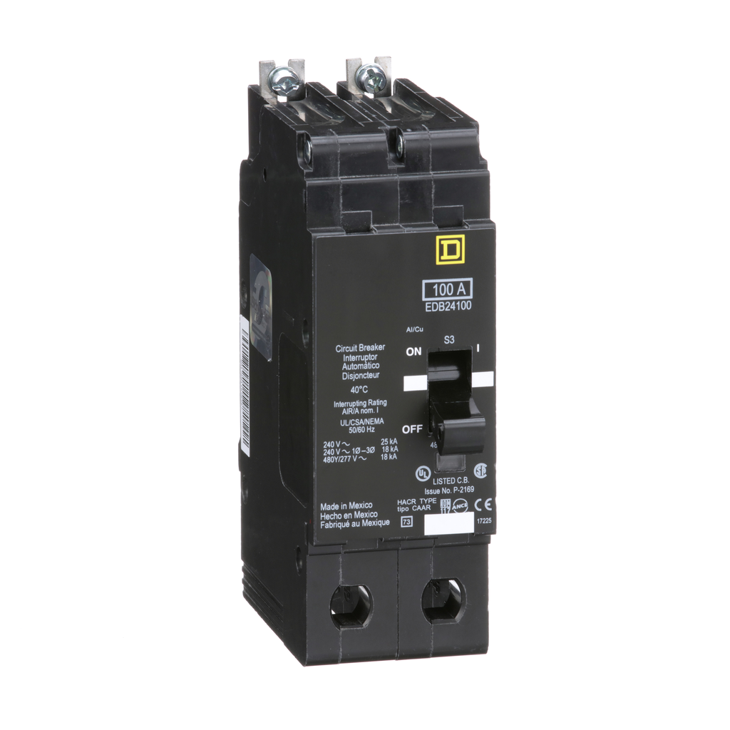 EDB24100 – Mini circuit breaker, E-Frame, 100A, 2 pole, 480Y/277VAC, 25kA max, bolt on