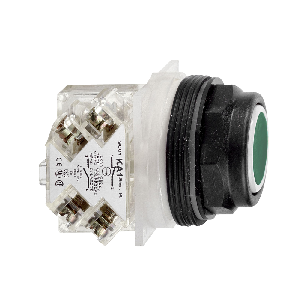9001SKR1GH5 – Push button, Harmony 9001SK, plastic, flush, green, 30mm, spring return, 1NO