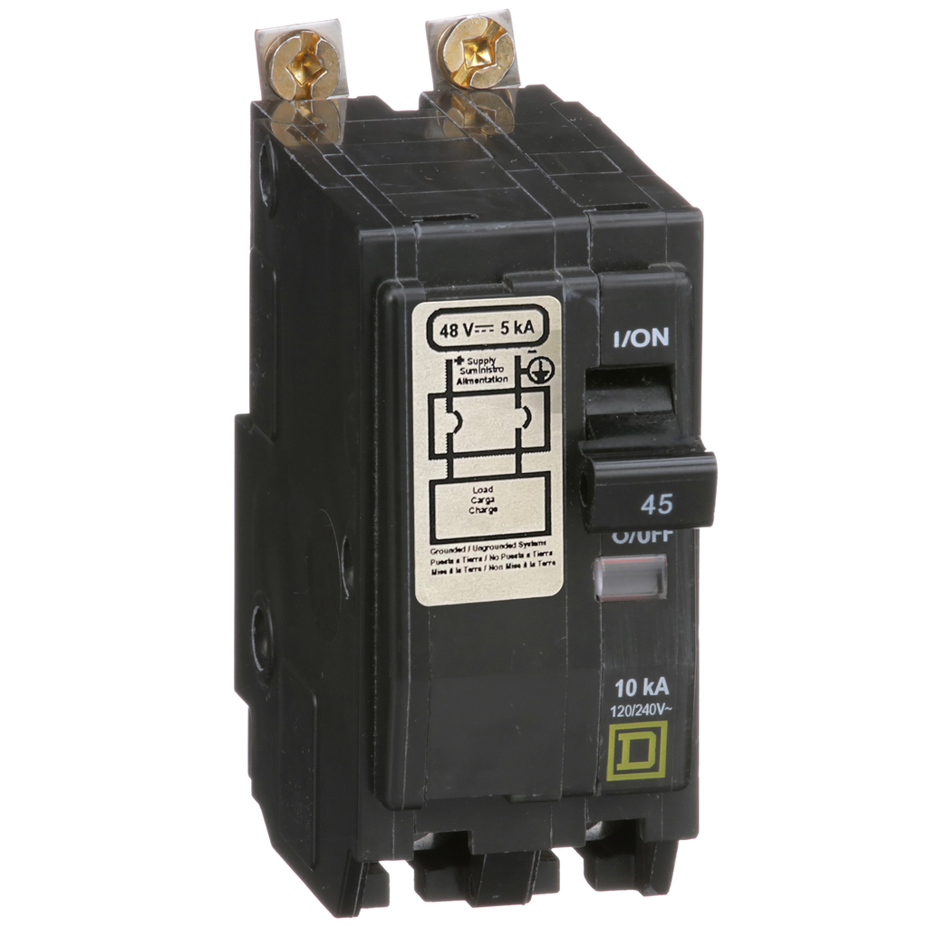 QOB2455272 – Mini circuit breaker, QO, 45A, 2 pole, 120/240VAC, 10kA, bolt on, 48VDC rating