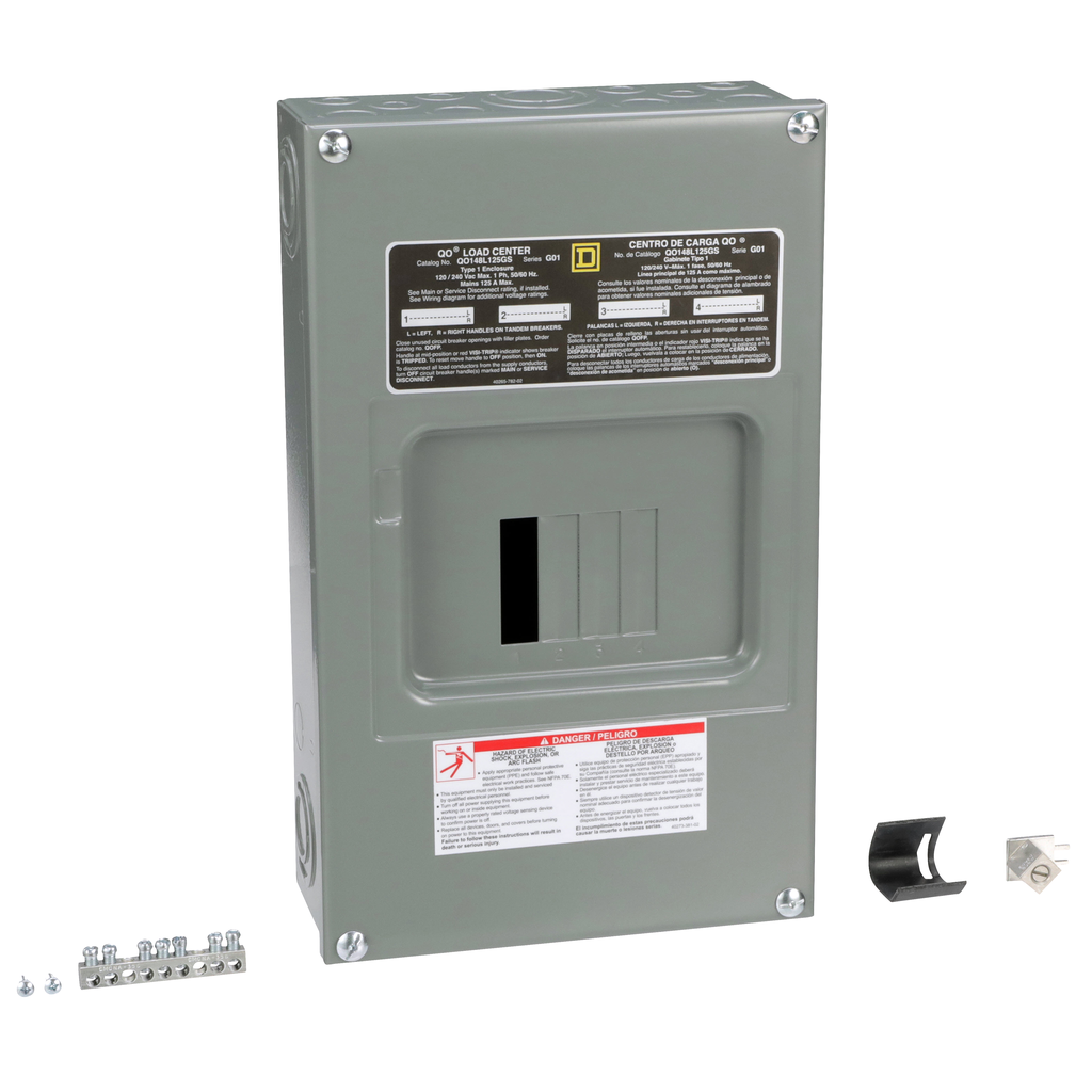 QO148L125GS – Load center, QO, 1 phase, 4 spaces, 8 circuits, 125A fixed main lugs, NEMA1, gnd bar, surface cover