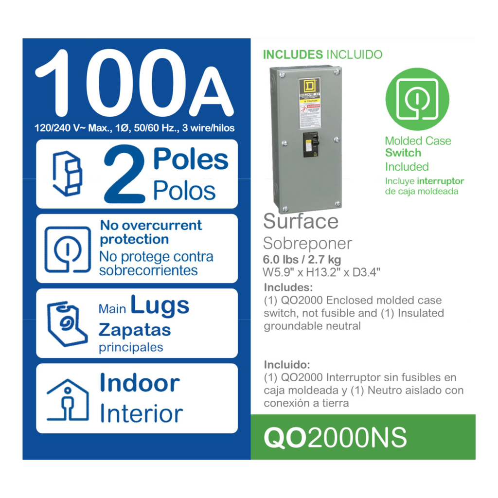 QO2000NS – Enclosed molded case switch, QO, 100A, 2 pole, 240VAC, 10kA, plug in mount, NEMA 1