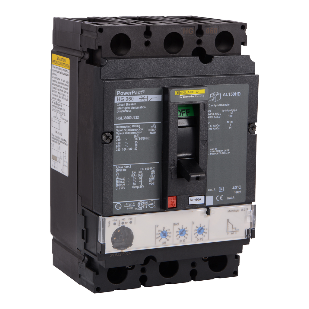 HGL36060U33X – Circuit breaker, PowerPacT H, 60A, 3 pole, 600VAC, 18kA, lugs, Micrologic 3.2S, 80%
