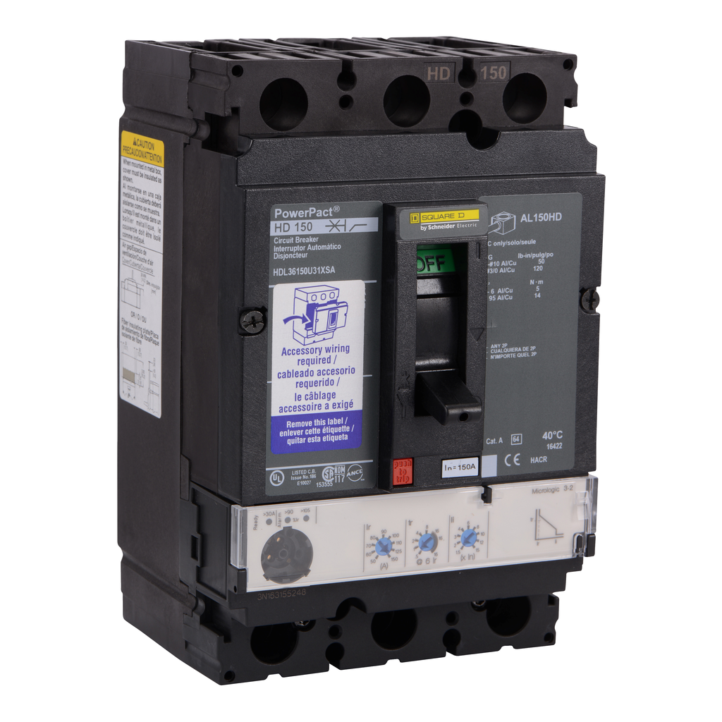 HDL36150U31XSA – Circuit breaker, PowerPacT H, 150A, 3 pole, 600VAC, 14kA, lugs, Micrologic 3.2, 80%, shunt
