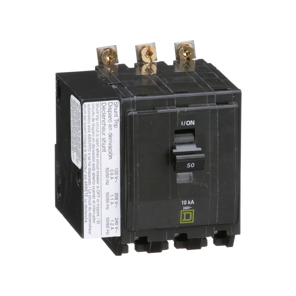 QOB3505254 – Mini circuit breaker, QO, 50A, 3 pole, 120/240VAC, 10kA, bolt on, AC shunt, ring