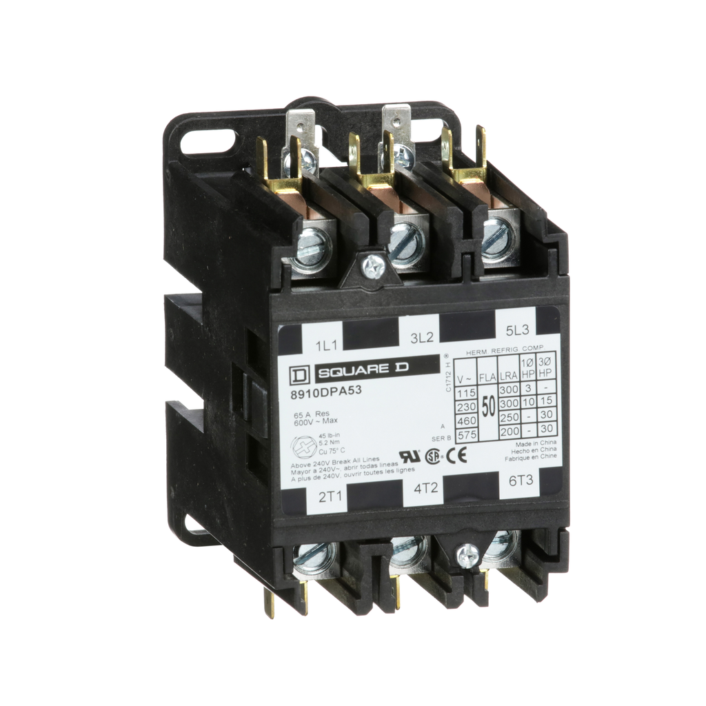 8910DPA53V02 – Contactor, Definite Purpose, 50A, 3 pole, 30HP at 575VAC, 3 phase, 110/120VAC 50/60Hz coil, open