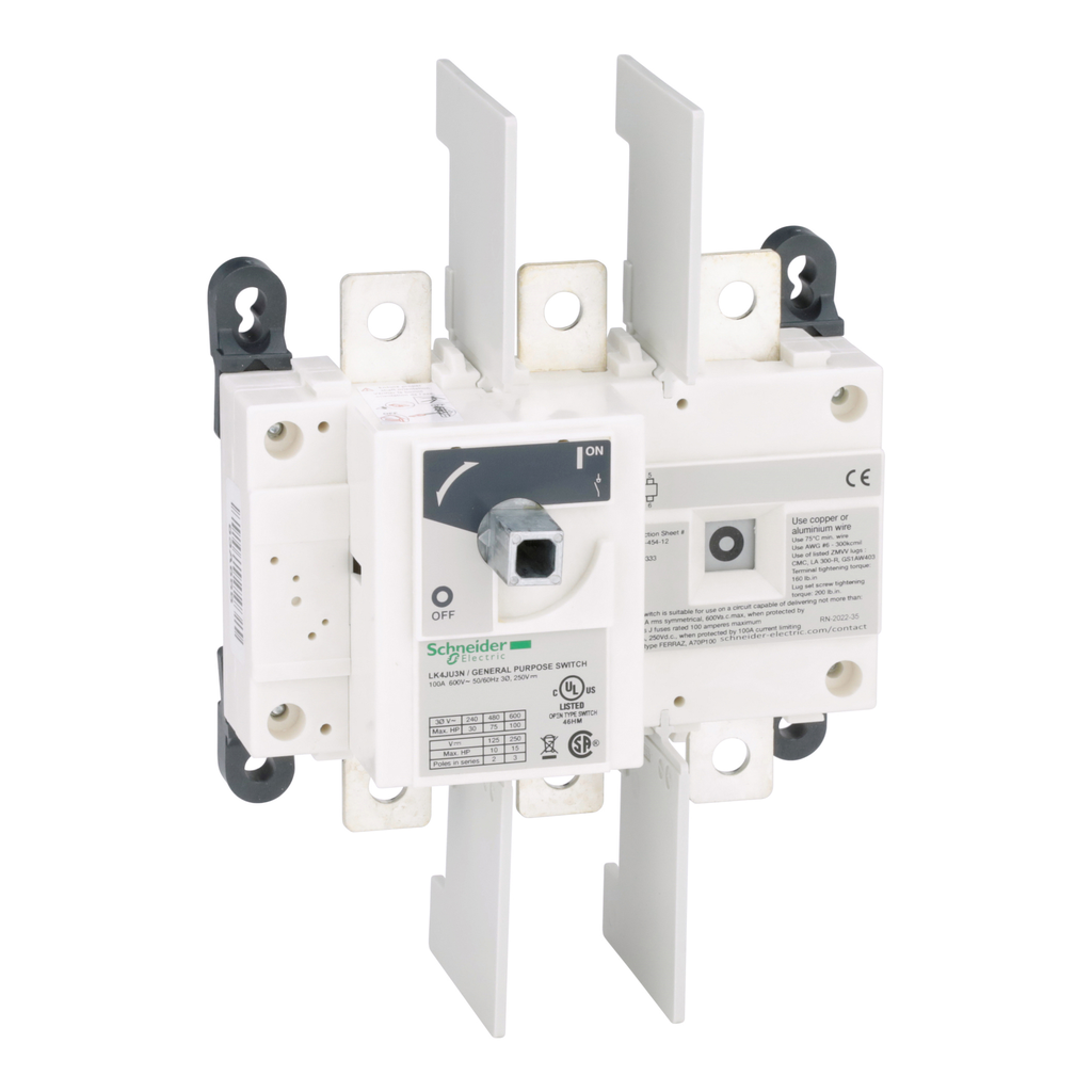 LK4JU3N – Disconnect Switch, TeSys LK, nonfusible, 100A, 600V,HP rated, 3 pole, rotary handle, up to 200kA SCCR