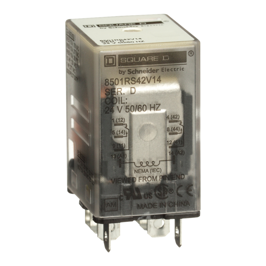 8501RS42V14 – Miniature Relay, Harmony 8501R, SPDT, 8 blades, coil, 15A resistive at 120V AC, 1HP at 277V AC, 24V AC, 2NO   2NC
