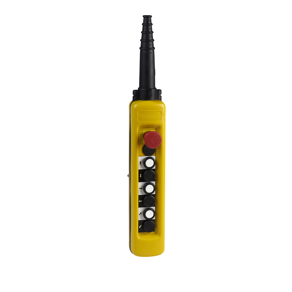 XACA67131 – Pendant control station, Harmony XAC, plastic, yellow, 6 push buttons 1NO, 1 emergency stop latching 3NC