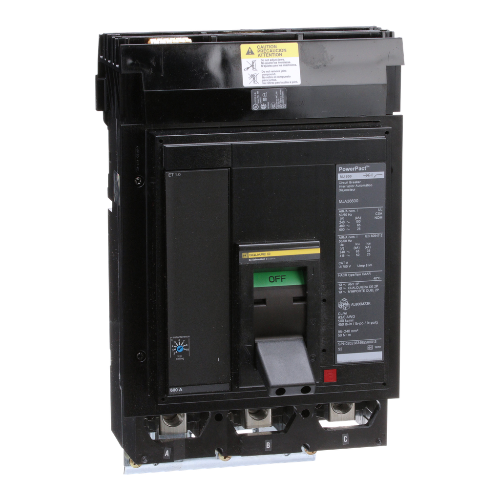 MJA36600 – Circuit breaker, PowerPacT M, 600A, 3 pole, 600VAC, 25kA, I-Line, ET 1.0, 80%, ABC