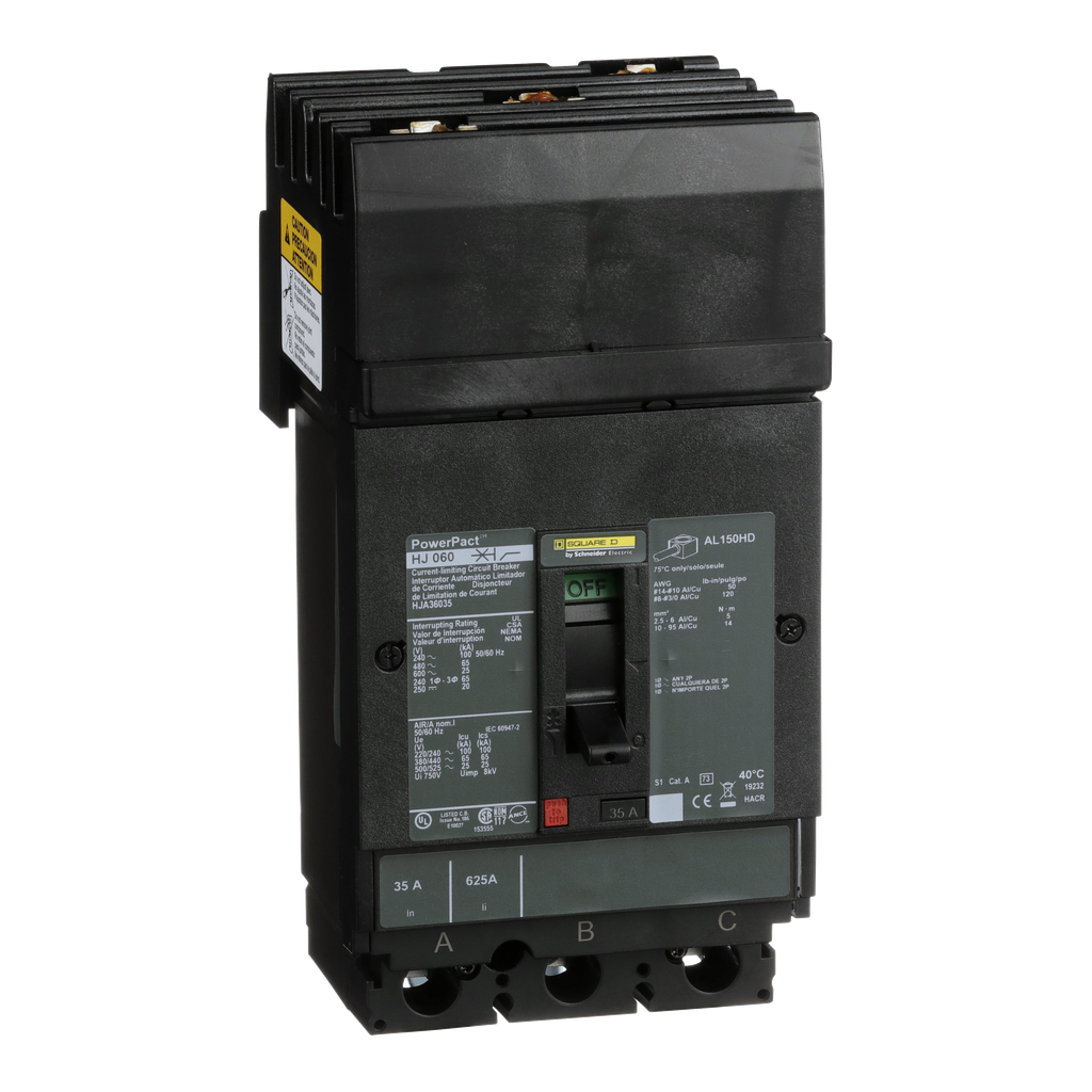 HJA36035 – Circuit breaker, PowerPacT H, 35A, 3 pole, 600VAC, 25kA, I-Line, thermal magnetic, 80%, ABC