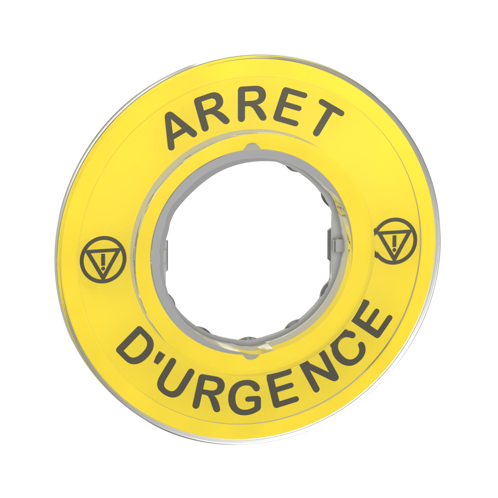 ZBY9120 – Legend holder 60mm for emergency stop, Harmony XB4, plastic, yellow, marked ARRET D’URGENCE