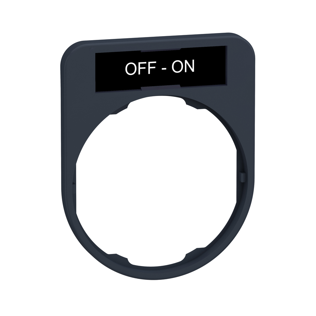 ZBYF2367 – Legend holder, Harmony XB5, 40 x 50mm, for flush mounted heads, plastic, dark grey, white marked OFF-ON