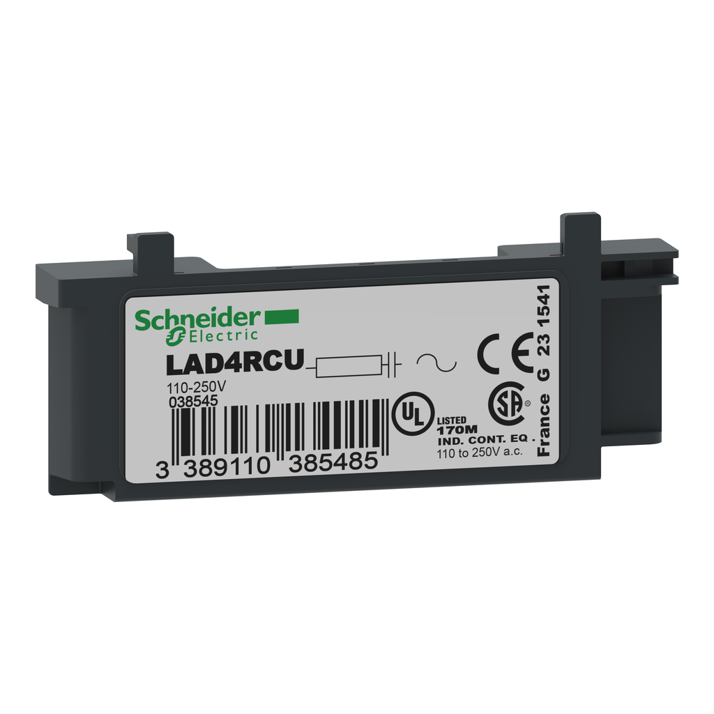 LAD4RCU – TeSys D, RC transient suppressor, 110 to 250 VAC, for LC1D09 to LC1D38, mounts on right side in cavity