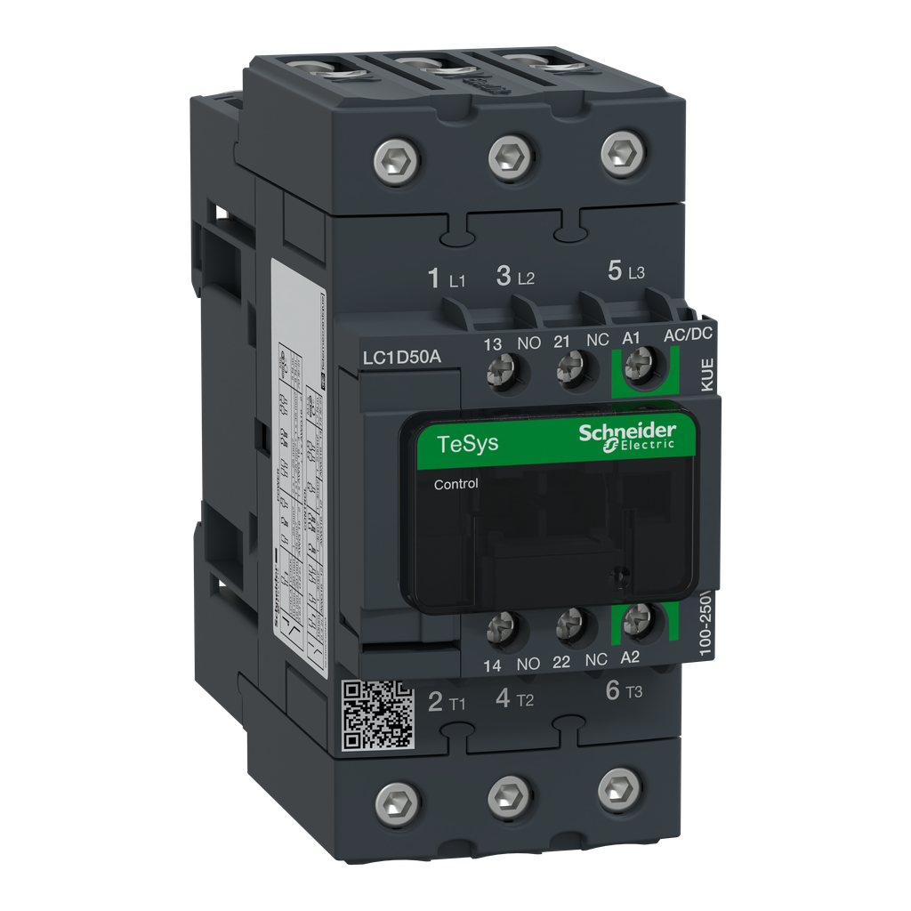 LC1D50AKUE – IEC contactor, TeSys Deca Green, nonreversing, 50A, 40HP at 480VAC, up to 100kA SCCR, 3 phase, 3 NO, 100/250VAC/VDC coil