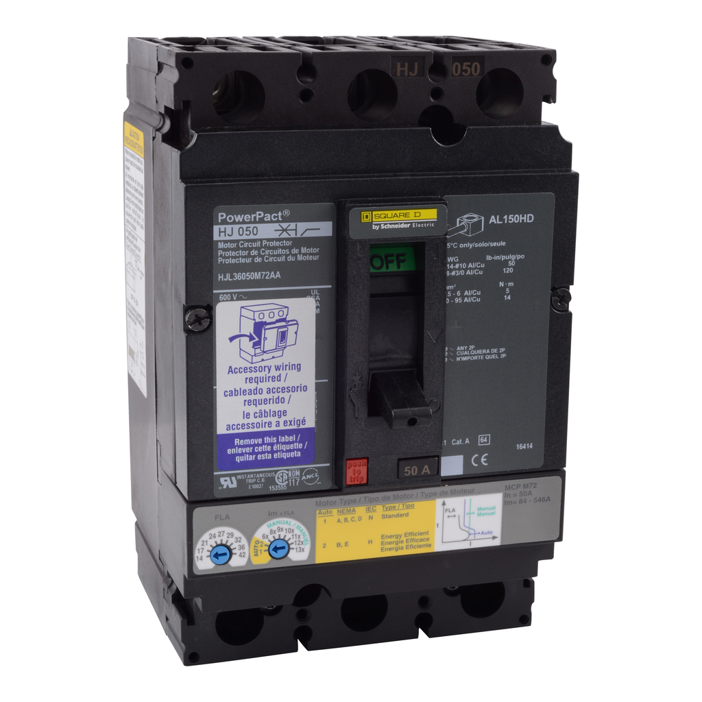 HJL36050M72SA – Motor circuit protector, PowerPacT H, 50A, 3 pole, 600VAC, 25kA, lugs, thermal magnetic, 80%, shunt