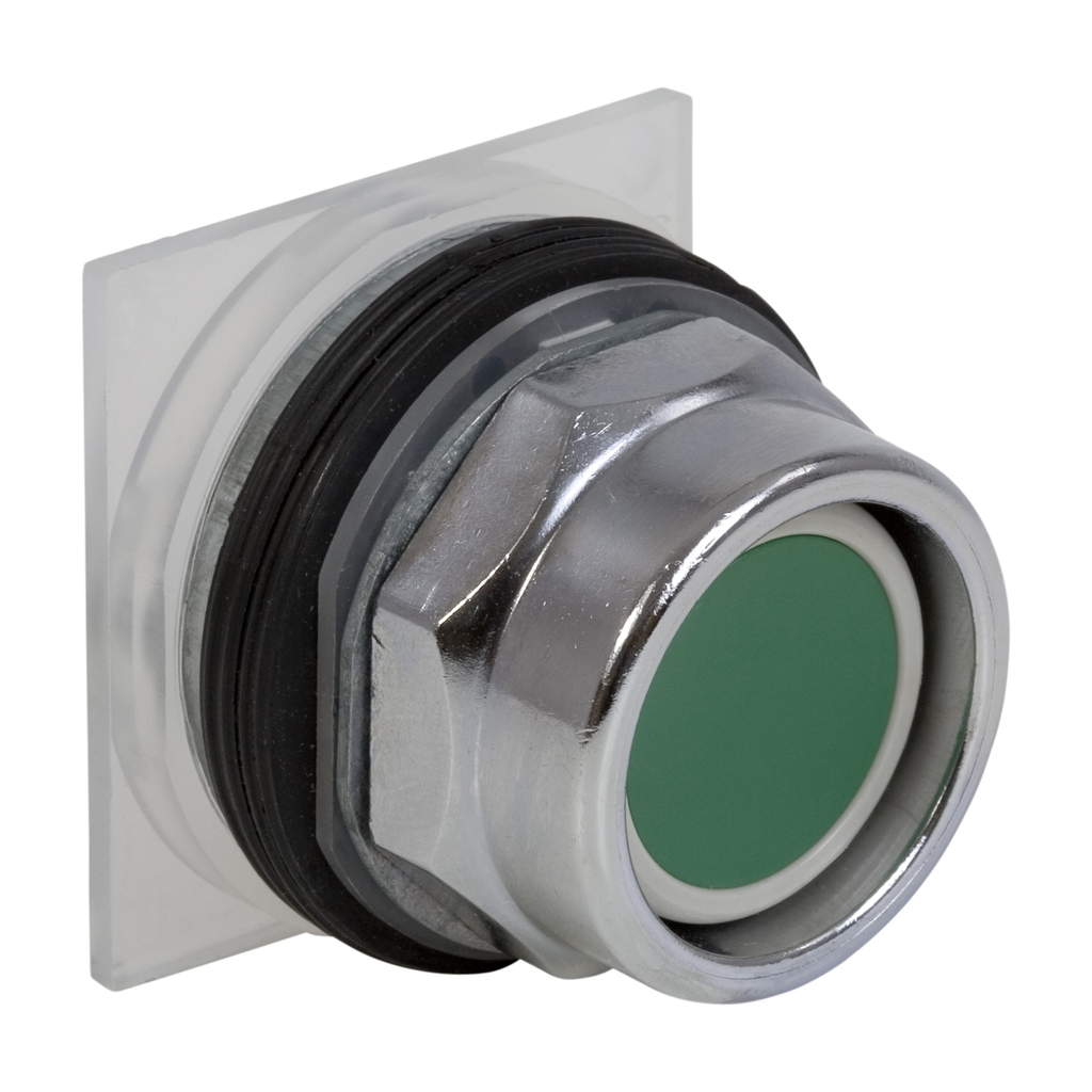 Product image for Square D 9001KR2G 30 mm Green Body Metal Bezel Momentary Extended Guard Non-Illuminated Push Button Operator