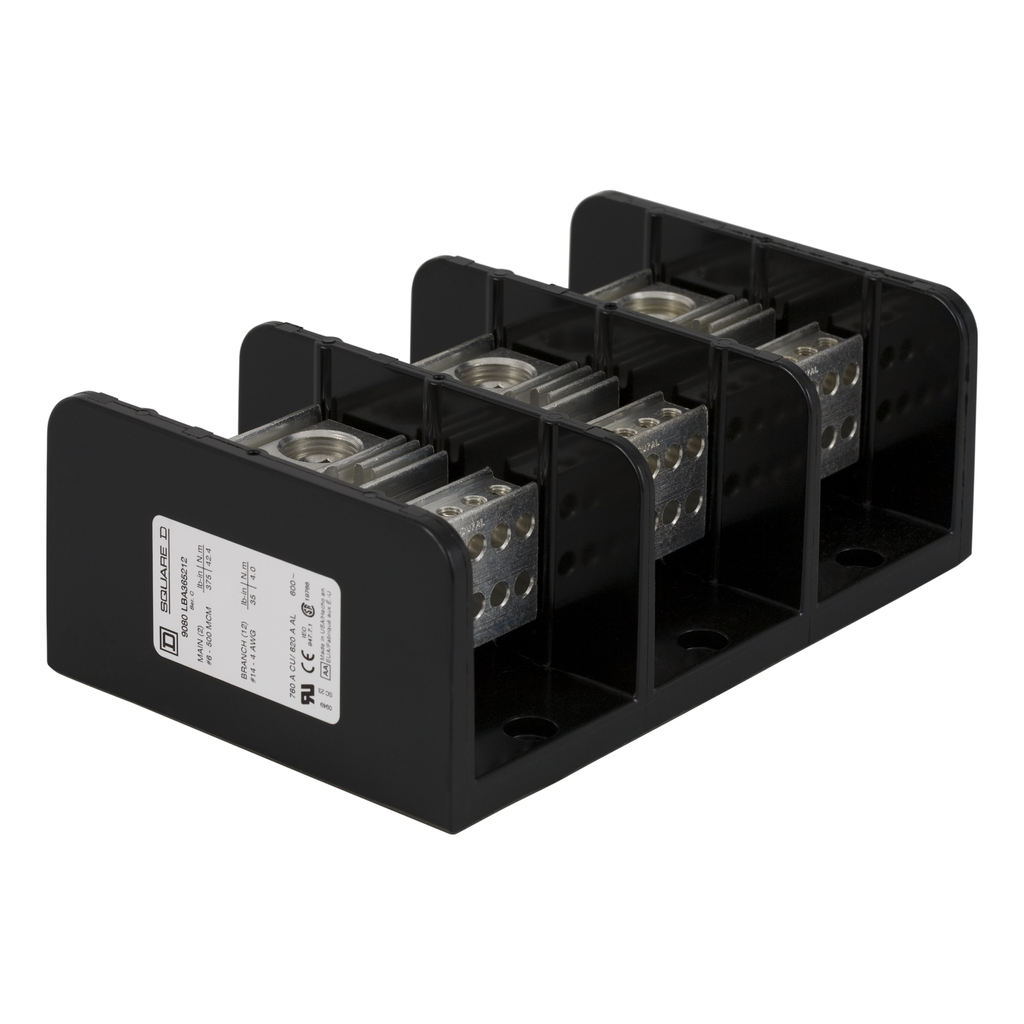 9080LBA365212 – Power distribution block, Linergy, 3 pole, 2 line, 12 load, 760A Cu, 620A Al, 600V