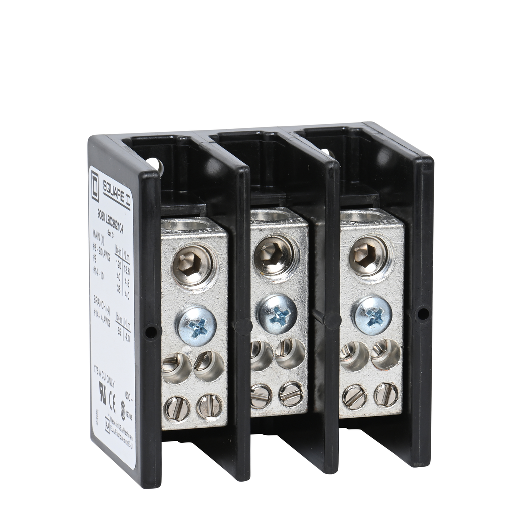 9080LBC362104 – Power distribution block, Linergy, 3 pole, 1 line, 4 load, 175A Cu, 600V