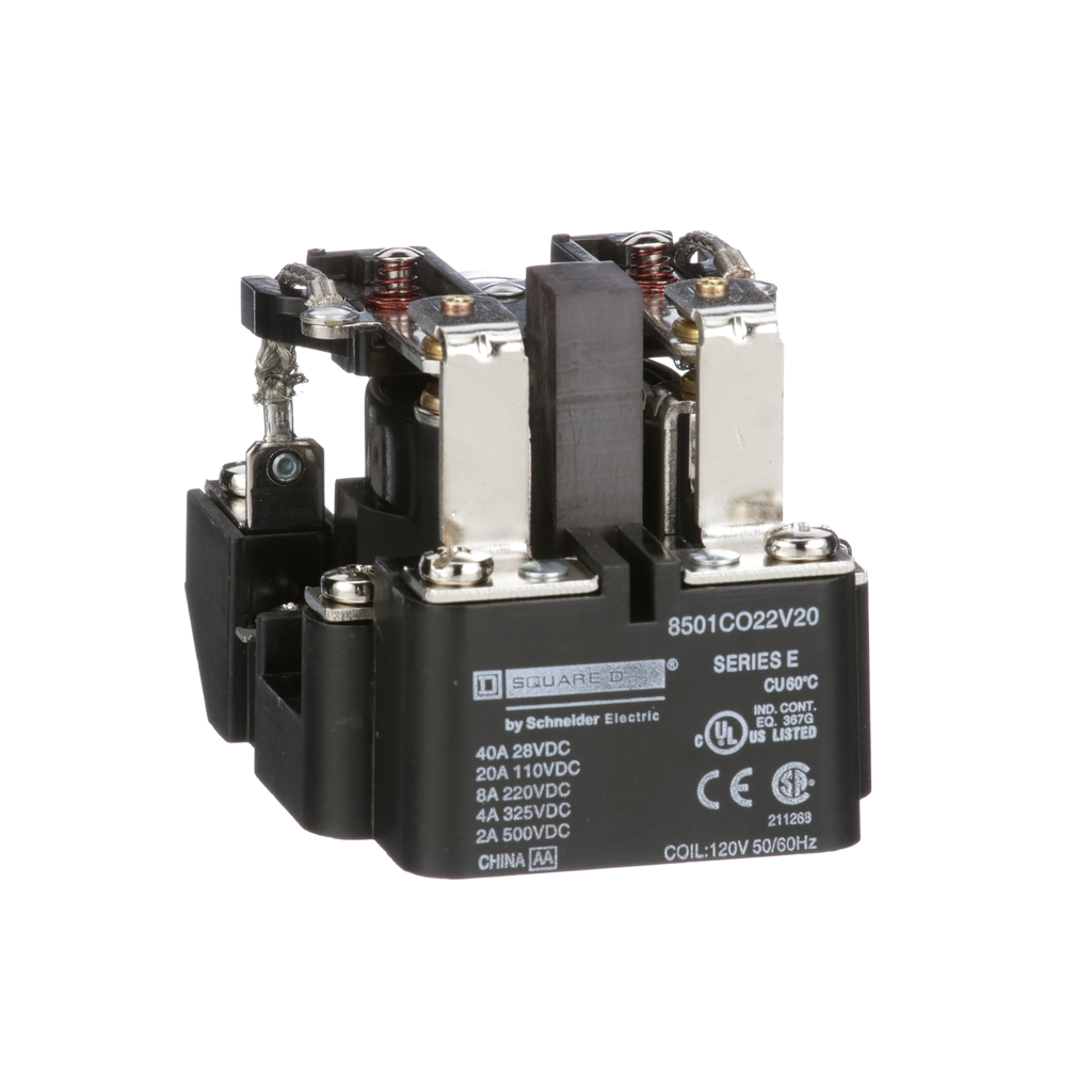 8501CO22V20 – Power Relay, Type C, DPDT, 2 normally open and 2 normally closed contacts, 20A resistive at 110 VDC, 120 VAC coil
