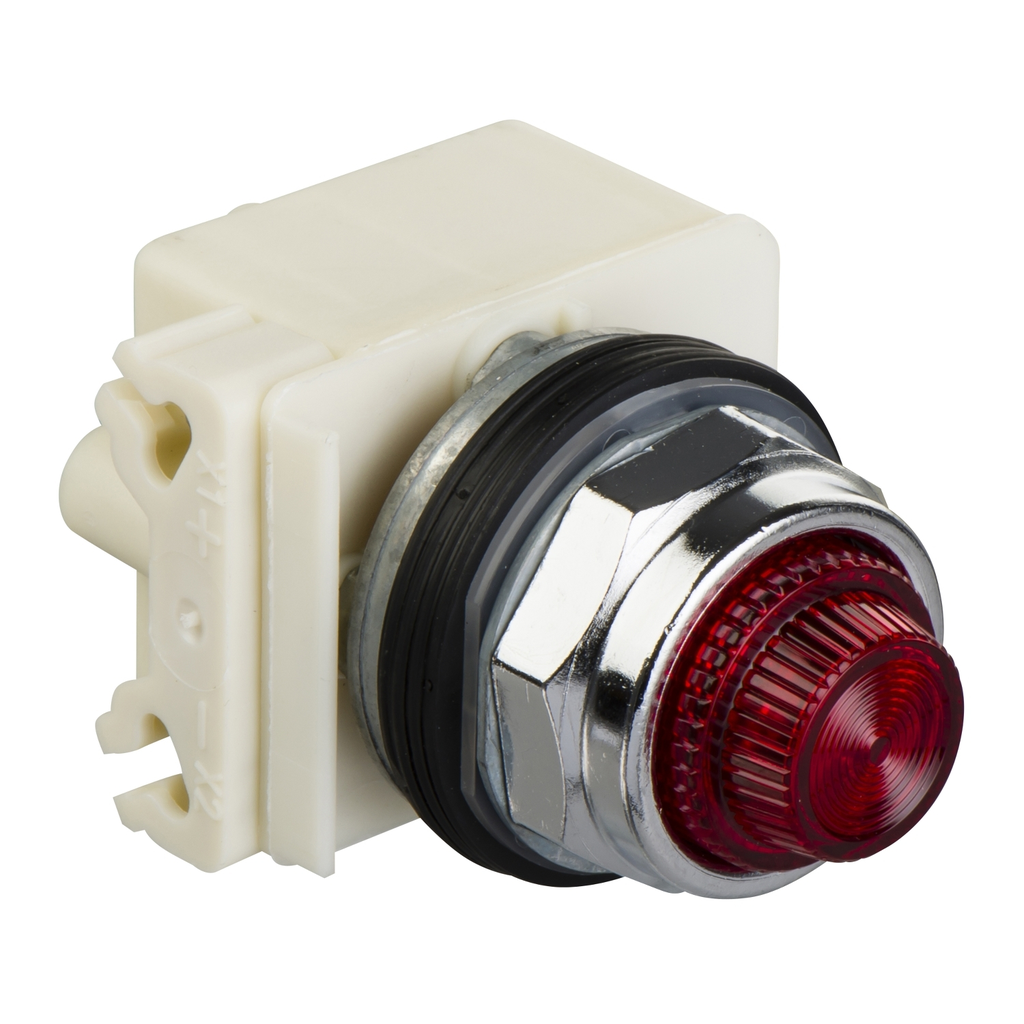Mayer-DDS-30mm push button, Type K, push to test pilot light, red LED light module, 120VAC/VDC, red glass lens, NEMA 4, 13-1