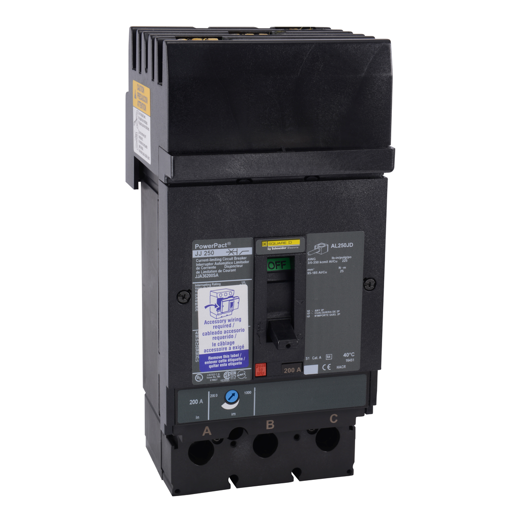 JJA36200SA – Circuit breaker, PowerPacT J, 200A, 3 pole, 600VAC, 25kA, I-Line, thermal magnetic, 80%, ABC, shunt
