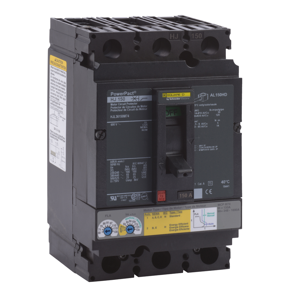 HJL36150M74 – Motor circuit protector, PowerPacT H, 150A, 3 pole, 600VAC, 25kA, lugs, thermal magnetic, 80%