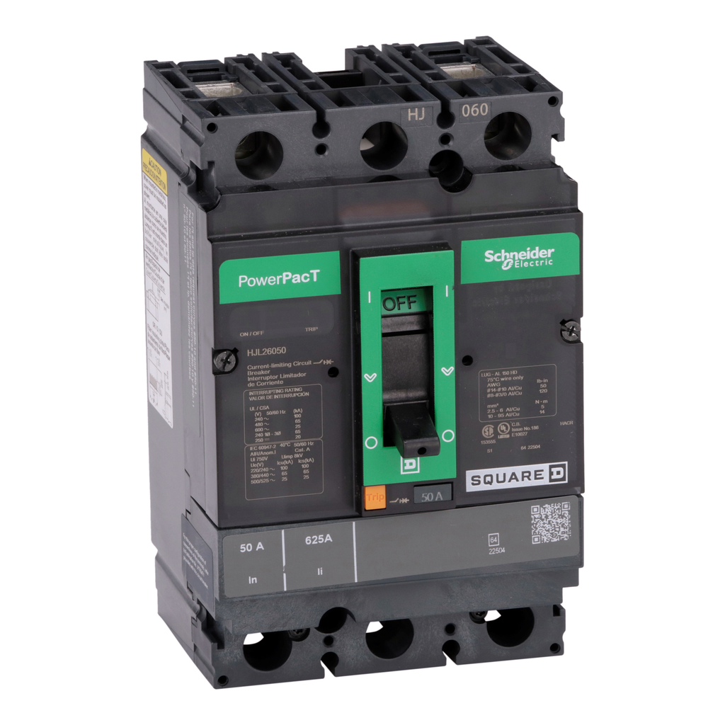 HJL26050 – Circuit breaker, PowerPacT H, 50A, 2 pole, 600VAC, 25kA, lugs, thermal magnetic, 80%