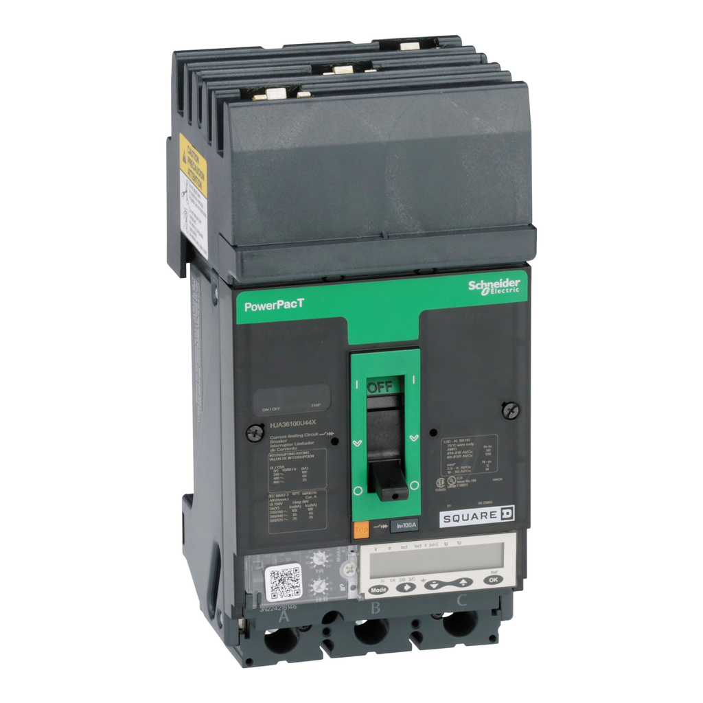 HJA36100U44X – Circuit breaker, PowerPacT H, 100A, 3 pole, 600VAC, 25kA, I-Line, Micrologic 6.2A, 80%, ABC