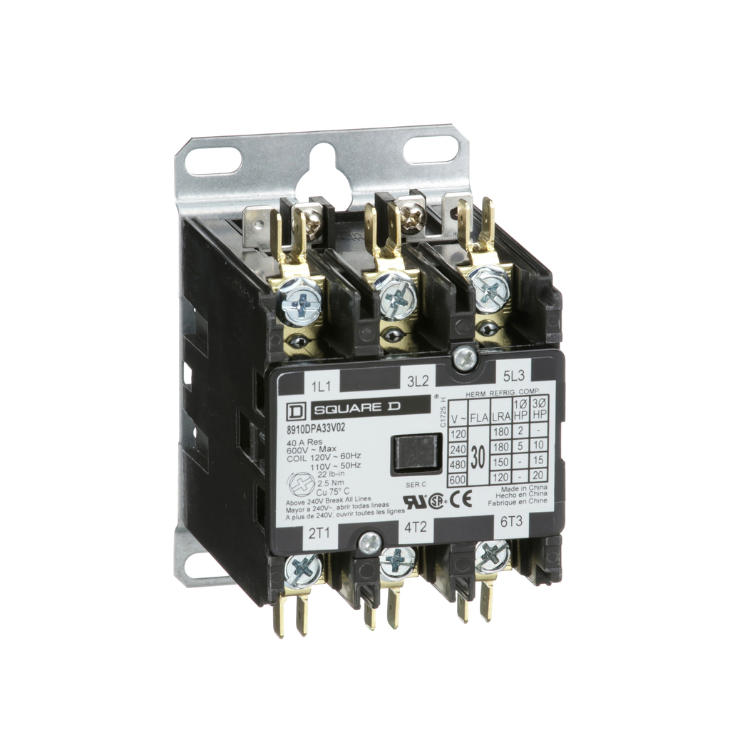 8910DPA33V02 – Contactor, Definite Purpose, 30A, 3 pole, 20HP at 575VAC, 3 phase, 110/120VAC 50/60Hz coil, open