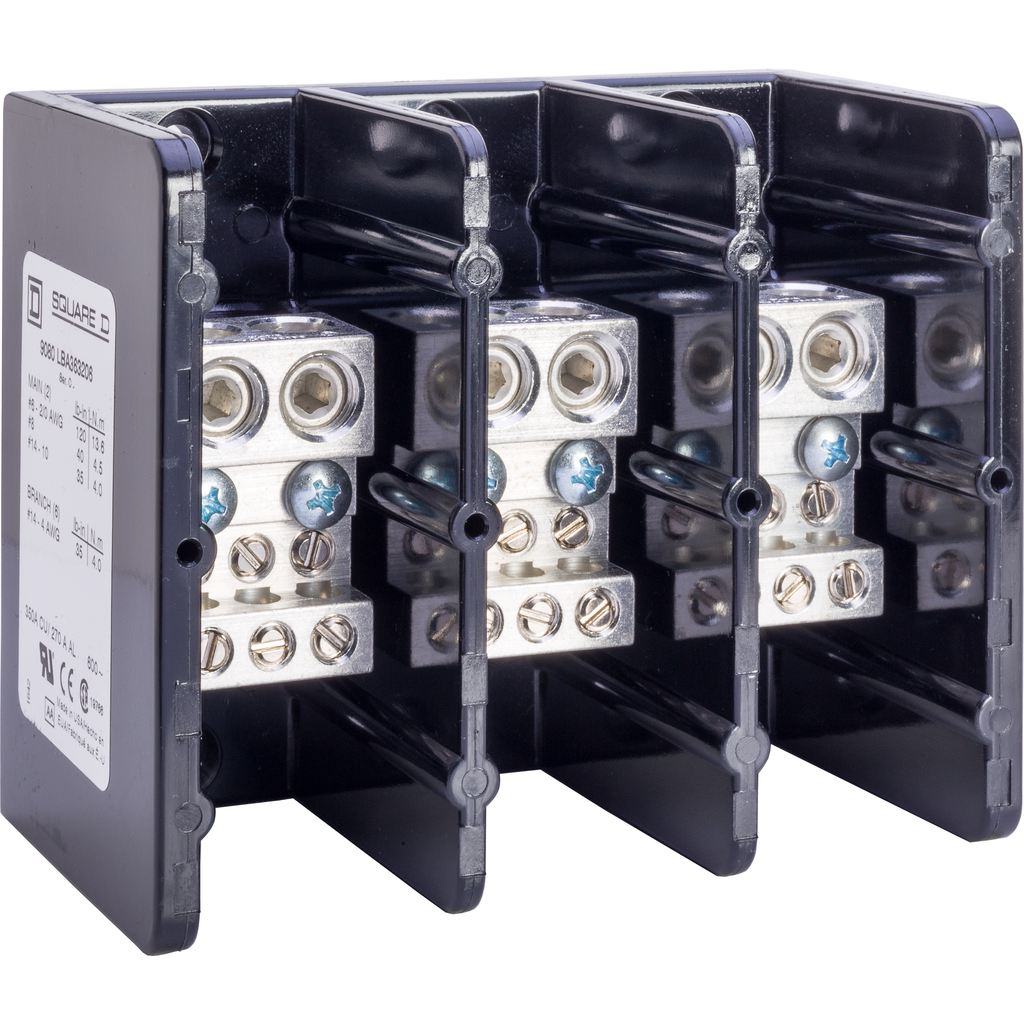 9080LBA363206 – Power distribution block, Linergy, 3 pole, 2 line, 6 load, 350A Cu, 270A Al, 600V