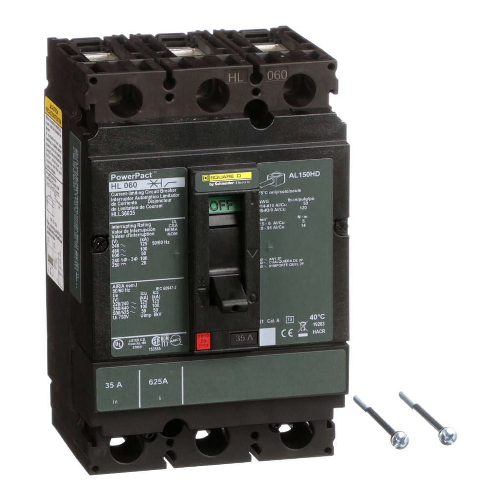 HLL36035 – Circuit breaker, PowerPacT H, 35A, 3 pole, 600VAC, 50kA, lugs, thermal magnetic, 80%