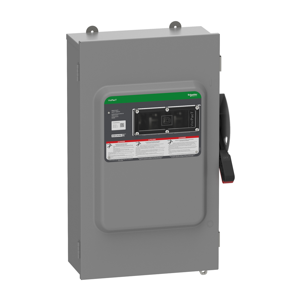 VH324BAWKGL – Safety switch, VisiPacT, heavy duty, fused, viewing window, NEMA 12, 240V, 200A, 3 pole, neutral bonded, ground lugs