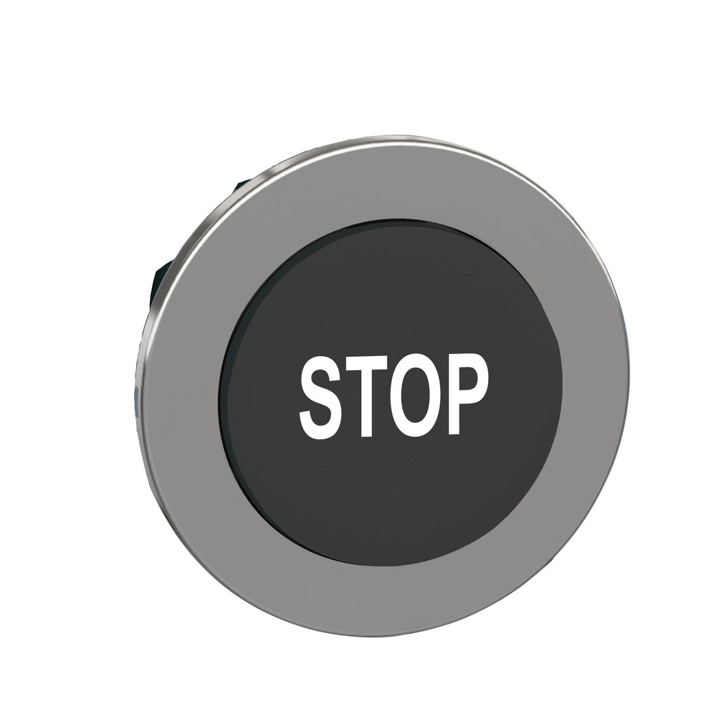 Mayer-DDS-Head for illuminated push button, Harmony XB4, metal, black flush, 30mm, spring return, white marked STOP-1