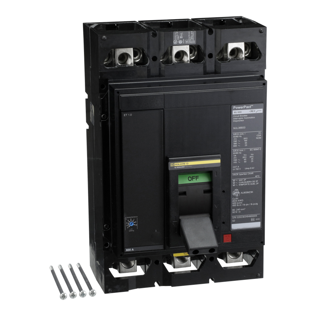 MJL36600 – Circuit breaker, PowerPacT M, 600A, 3 pole, 600VAC, 25kA, lugs, ET 1.0, 80%