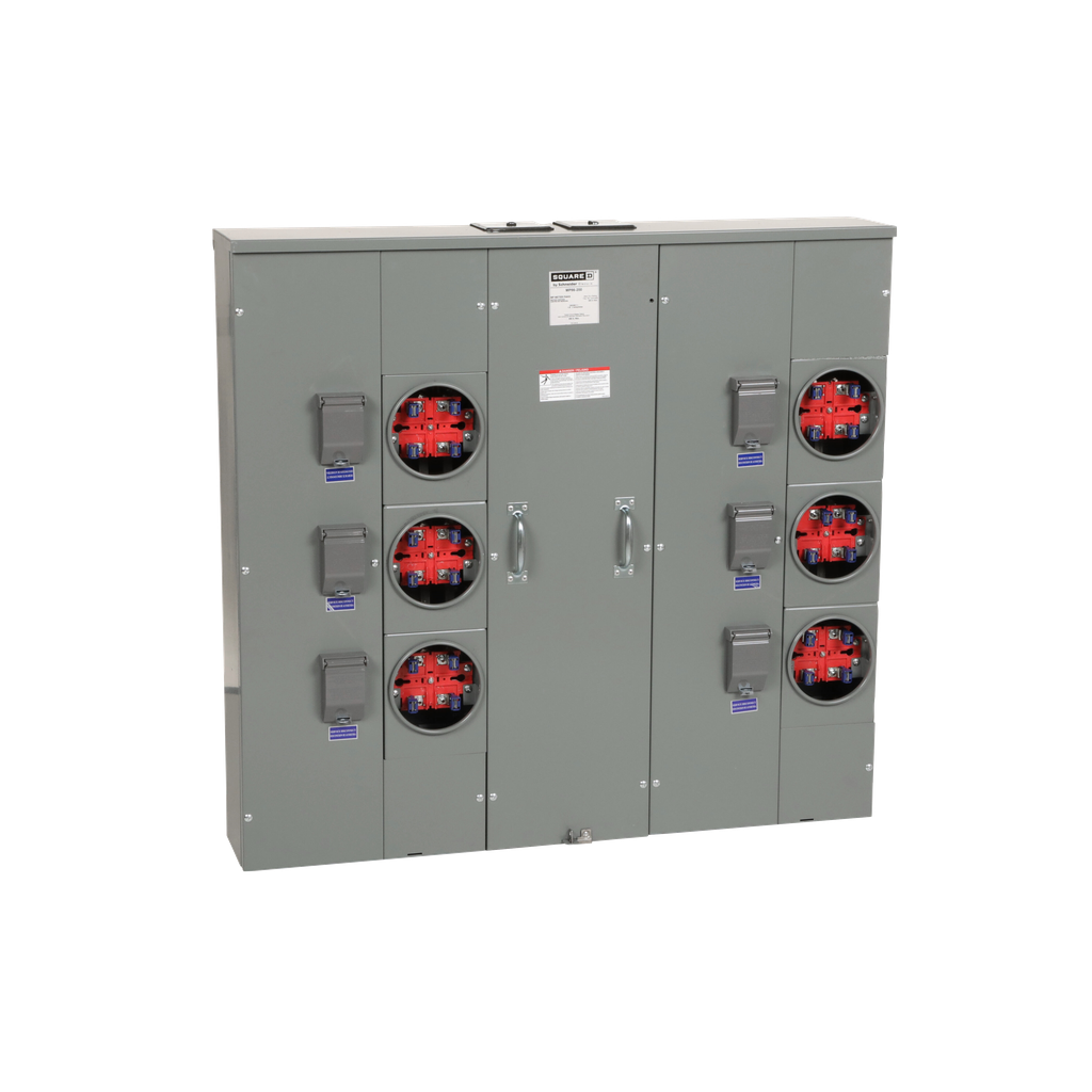 MP86200 – Meter center, MP Meter-Pak, 6 sockets, no bypass, 4 jaws, 800A bus, 200A max breaker rating, ringed