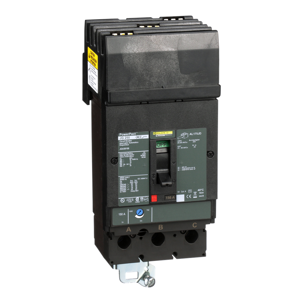 JGA36150 – Circuit breaker, PowerPacT J, 150A, 3 pole, 600VAC, 18kA, I-Line, thermal magnetic, 80%, ABC