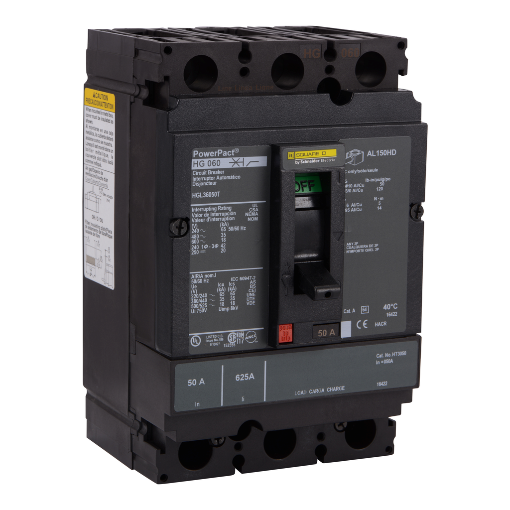 HGL36050T – Circuit breaker, PowerPacT H, 50A, 3 pole, 600VAC, 18kA, lugs, thermal magnetic, 80%, interchangeable trip unit