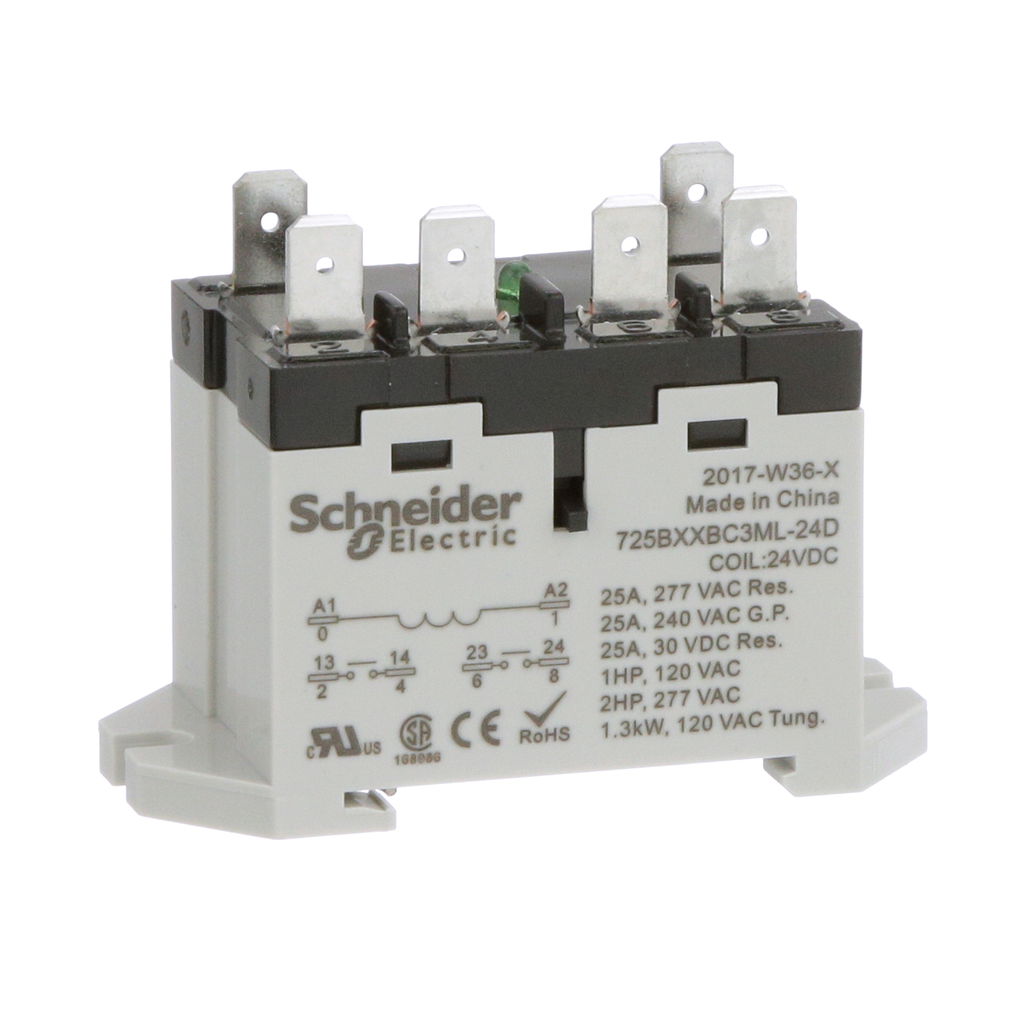 725BXXBC3ML-24D – Power relay, SE Relays, 25A, 2NO, 24VDC, LED push button, blade terminals, DIN or panel mount