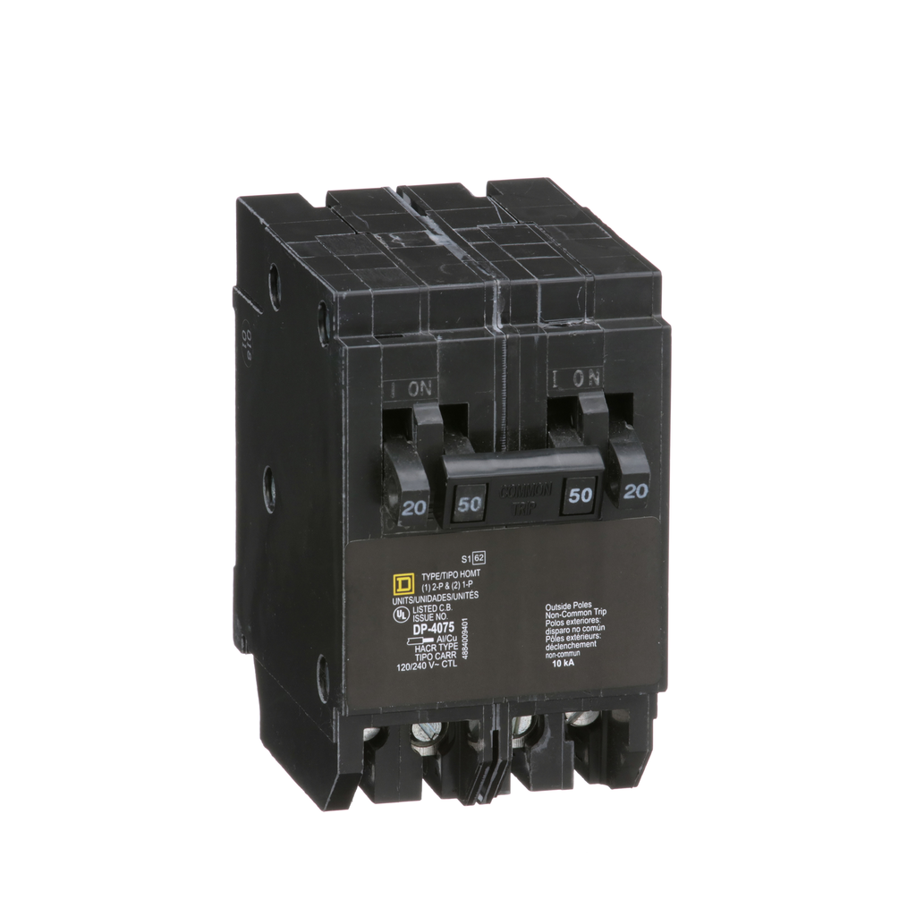 HOMT2020250 – Tandem circuit breaker, Homeline, 2 x 1 pole at 20A, 1 x 2 pole at 50A, 120/240VAC, 10kA AIR, plug in, UL