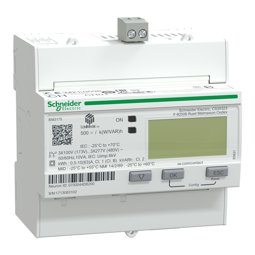 A9MEM3175 – iEM3175 energy meter – 63 A – LON – 1 digital I – multi-tariff – MID