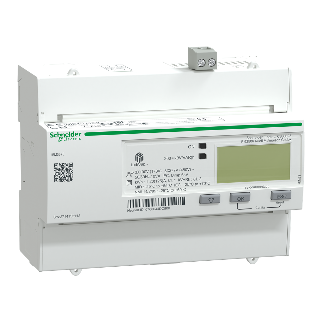 A9MEM3375 – iEM3375 energy meter – 125 A – LON – 1 digital I – multi-tariff – MID