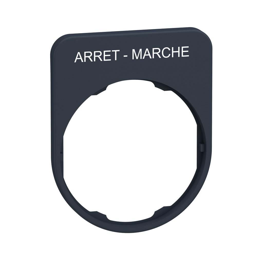 ZBYFP2166 – Legend plate, Harmony XB5, 40 x 50mm, for flush mounted heads, plastic, dark grey, white marked ARRET-MARCHE