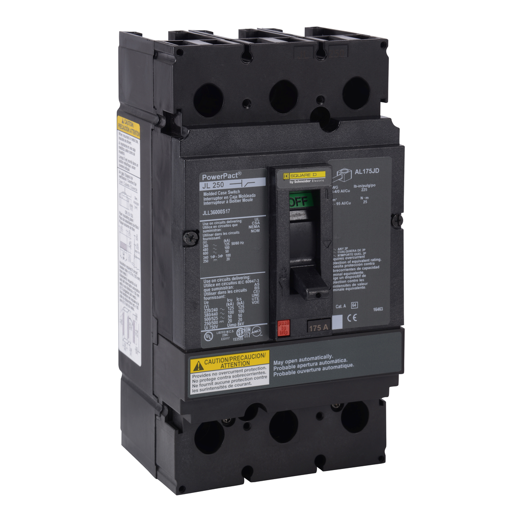 JLL36000S17 – Automatic switch, PowerPacT J, 175A, 3 pole, 600VAC, 50kA, lugs, magnetic