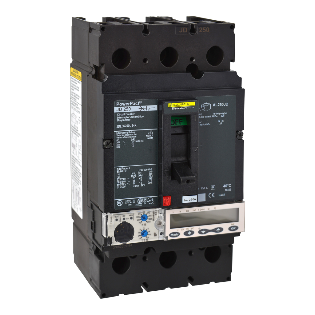 JDL36250U44X – Circuit breaker, PowerPacT J, 250A, 3 pole, 600VAC, 14kA, lugs, Micrologic 6.2A, 80%