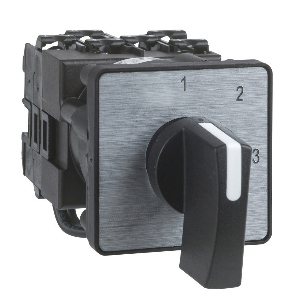 K1B006TLH – Cam switch, Harmony K, multifixing, plastic, 1 pole, 3 positions, position 0, spring return, 45°, 12A, 45x45mm, metallic legend, black handle 35mm