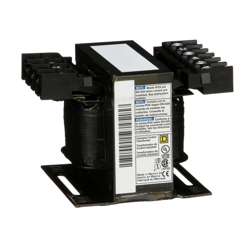 9070T75D19 – Transformer, Type T, industrial control, 75VA, 1 phase, 208/240/277/380/480V primary, 24V secondary, 55C rise