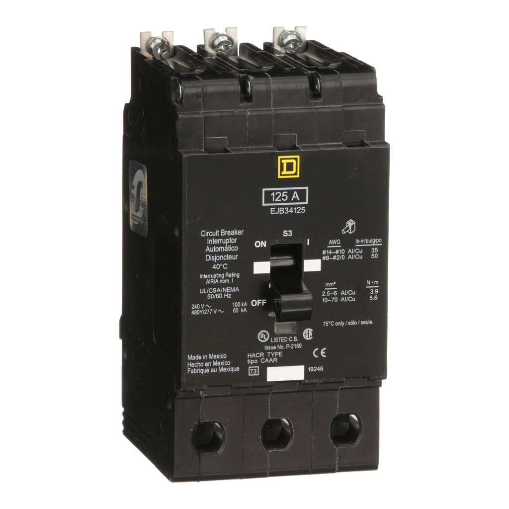 EJB34125 – Mini circuit breaker, E-Frame, 125A, 3 pole, 480Y/277VAC, 100kA max, bolt on