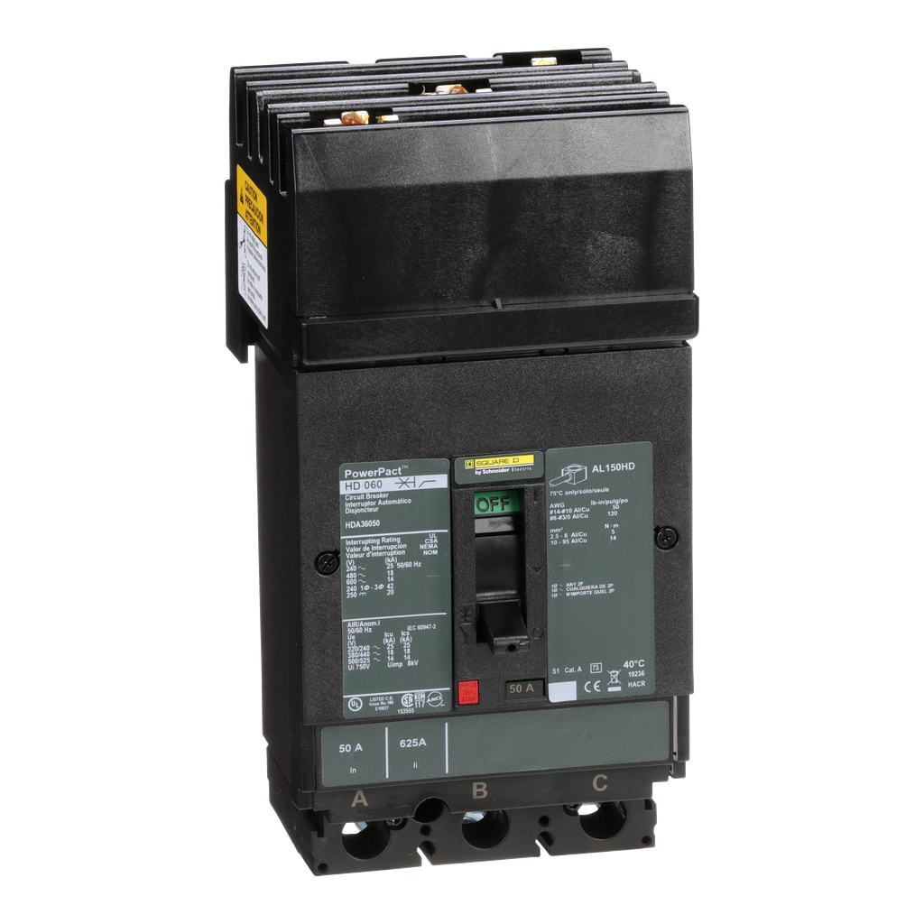 HDA36050 – Circuit breaker, PowerPacT H, 50A, 3 pole, 600VAC, 14kA, I-Line, thermal magnetic, 80%, ABC
