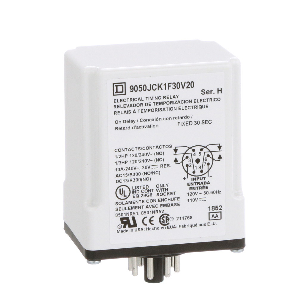 9050JCK1F30V20 – Timing Relay, Type JCK, plug In, on delay, fixed time, 30 seconds, 10A, 240 VAC, 120 VAC/110 VDC